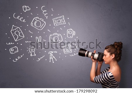 Young photographer girl shooting photography icons