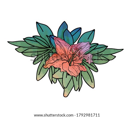 Beautiful orange lily with bunch of leaves isolated on the white background. Decorative tropical branch for seasonal design. Vector watercolor  illustration