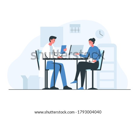 Woman at the doctor's appointment. Vector concept illustration of a smiling girl and male doctor sitting and talking at the table in the office. Interior of a consulting room with doctor and patient Royalty-Free Stock Photo #1793004040