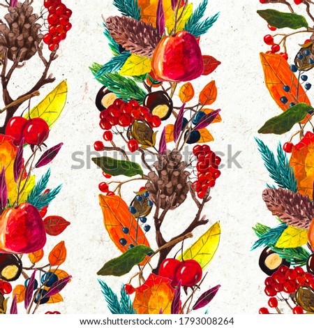 Autumn watercolor seamless pattern with leaves mushrooms and pine cones. Seasonal hand painted design with rowan, branches, berries and acorns