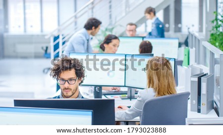 Big Busy Corporate Office with Two Rows off Businessmen and Businesswomen Working on Desktop Computers. Bright Open Space Office with Businesspeople and Salespeople Royalty-Free Stock Photo #1793023888