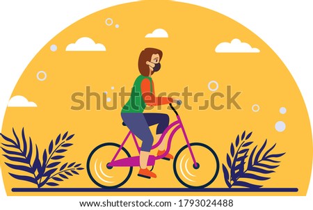 Simple Flat Vector Illustration of A Young woman Riding A Bike Bicycle Wearing Protective Face Mask During Covid-19 Coronavirus Pandemic. Outdoor Sport Activity Preventing The Spread of Covid-19.