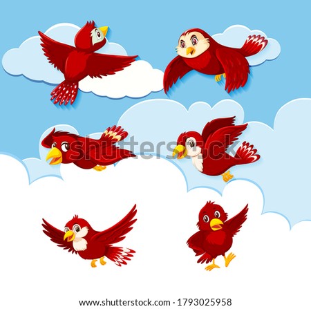 Set of bird character on sky background illustration