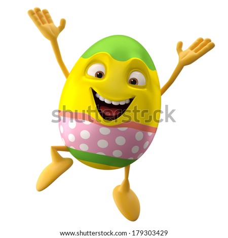 Merry Easter egg painted in joyful jumping, cheering 3D cartoon character
