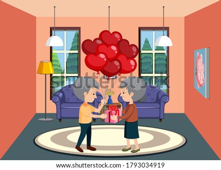 Background scene with old couple having balloons and gift  illustration