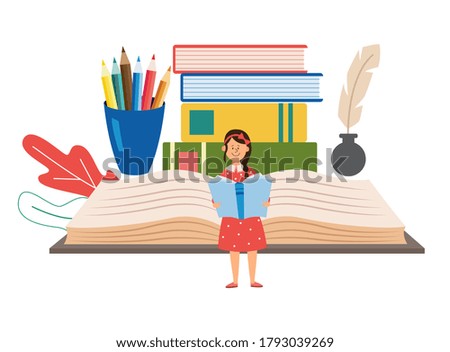 School education banner with tiny school girl cartoon character among books stacks, flat vector illustration isolated on white background. Back to school concept.