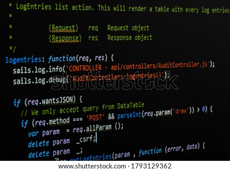 Software source code. Programming code on computer screen. Developer working on program codes . Source code photo. Technology background.