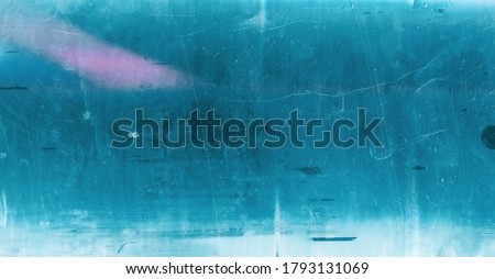Dust scratched overlay. Aged film texture. Cyan blue pink weathered effect for photo editor. Royalty-Free Stock Photo #1793131069