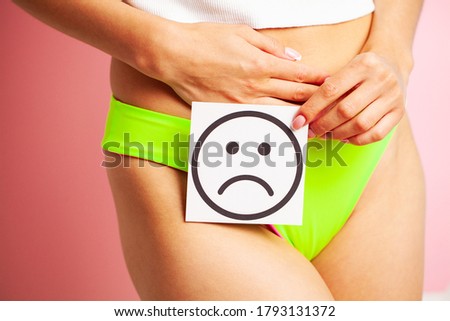 Woman Health, Female Body Holding Sad Smile Card Near Stomach.