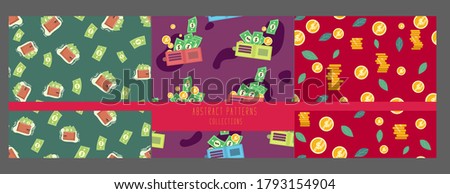 set of Falling coins and dollar seamless pattern, business and finance, return on investment, income growth, financial background, vector illustration