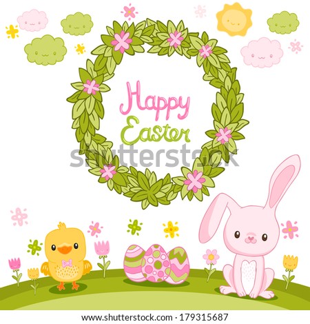 Happy Easter background with cartoon cute bunny, wreath and chicken