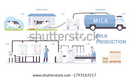 Milk production process industry vector illustration. Cartoon flat infographic poster with processing line in automated dairy factory, making pasteurization and bottling milk product isolated on white Royalty-Free Stock Photo #1793163517