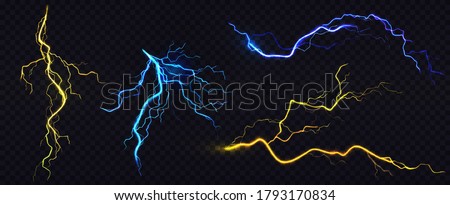 Lightnings, thunderbolt strikes during storm at night. Vector realistic set of blue and yellow electric impact, sparking discharge of thunderstorm isolated on dark transparent background Royalty-Free Stock Photo #1793170834