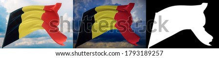 Waving flags of the world - flag of Belgium. Set of 2 flags and alpha matte image. Very high quality mask without unwanted edge. High resolution for professional composition. 3D illustration.