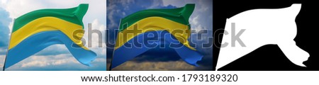 Waving flags of the world - flag of Gabon. Set of 2 flags and alpha matte image. Very high quality mask without unwanted edge. High resolution for professional composition. 3D illustration.