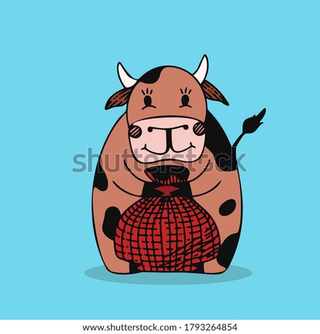 Cute cartoon bull with present for new year. Symbol of 2021 year.Vector christmas card illustration.