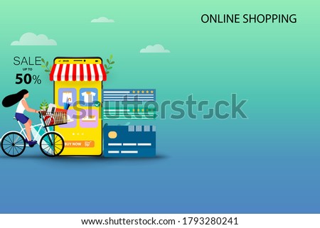 Concept of online shopping, young woman riding a bicycle to pick up the goods at store that already ordered from the application and selected option to pick up at store in blue green shade background.