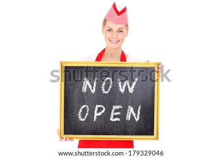 A picture of a pretty waitress showing a board with a now open inscription over white background