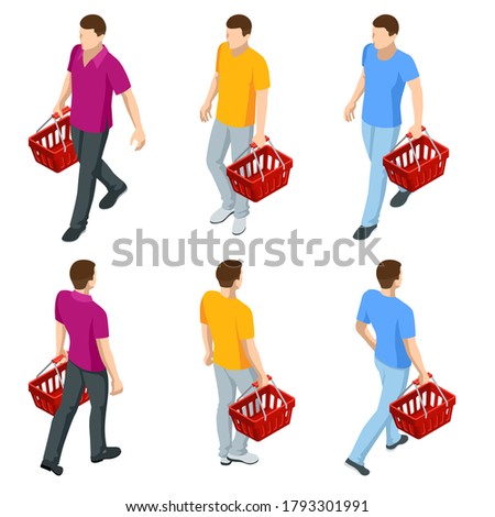 Man with grocery basket cart from supermarket on white isolated background. Isometric shopping market basket with variety of grocery products, front and back view.