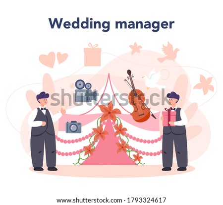 Wedding planner concept. Professional organizer planning wedding event. Catering and entertainment organization. Bride and fiance mariage planner. Isolated vector illustration