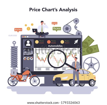 Car and motorcycle production industry online service or platform . Machine manufacturing. Price chart analysis. Isolated flat illustration