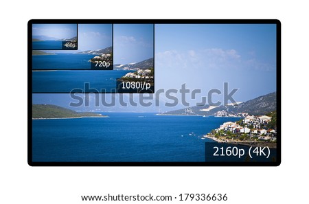4K television display with comparison of resolutions. Ultra HD on on modern TV Royalty-Free Stock Photo #179336636