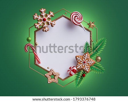 3d render, minimal Christmas hexagonal frame isolated on green background, decorated with gingerbread cookies. Fir tree twigs, ornaments, stars, snowflakes, candy cane. Blank greeting card mockup