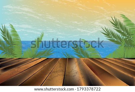 
illustration top view of a wooden pier, tops of palm trees, blue sky at sunset, ocean