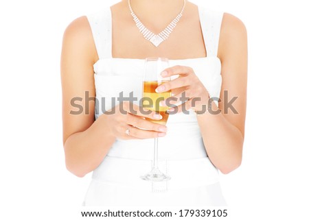 A picture of a bride holding a glass of champagne over white background
