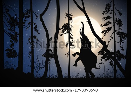 Standing elephant in mixed forest on moonlight night. Big animal silhouette between trees. Full moon in starry sky. Vector illustration for use in polygraphy, textile, design, interior decor