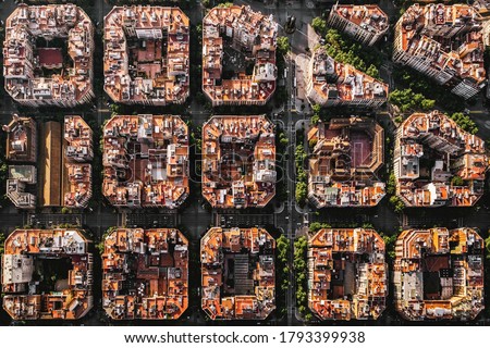 Aerial view of typical buildings of Barcelona cityscape from helicopter. top view, Eixample residencial famous urban grid Royalty-Free Stock Photo #1793399938