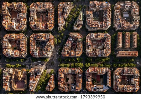 Aerial view of typical buildings of Barcelona cityscape from helicopter. top view, Eixample residencial famous urban grid Royalty-Free Stock Photo #1793399950