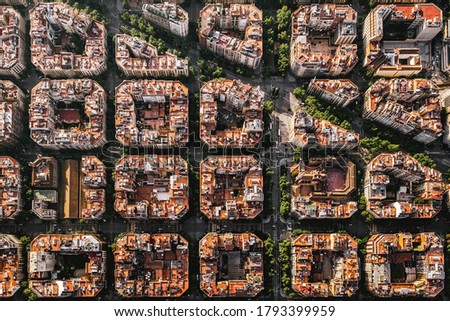 Aerial view of typical buildings of Barcelona cityscape from helicopter. top view, Eixample residencial famous urban grid Royalty-Free Stock Photo #1793399959