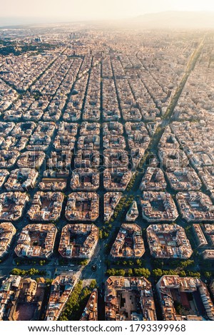 Aerial view of typical buildings of Barcelona cityscape from helicopter. top view, Eixample residencial famous urban grid Royalty-Free Stock Photo #1793399968