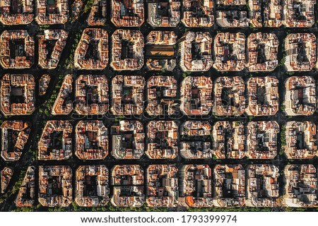 Aerial view of typical buildings of Barcelona cityscape from helicopter. top view, Eixample residencial famous urban grid Royalty-Free Stock Photo #1793399974