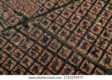 Aerial view of typical buildings of Barcelona cityscape from helicopter. top view, Eixample residencial famous urban grid Royalty-Free Stock Photo #1793399977