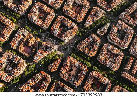 Aerial view of typical buildings of Barcelona cityscape from helicopter. top view, Eixample residencial famous urban grid Royalty-Free Stock Photo #1793399983