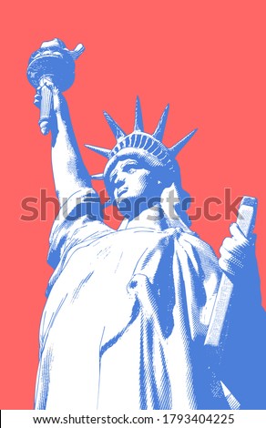 Color engraved vintage crosshatch drawing liberty lady statue from low angle worm eye view camera illustration isolated on bright red background in retro pop art style Royalty-Free Stock Photo #1793404225
