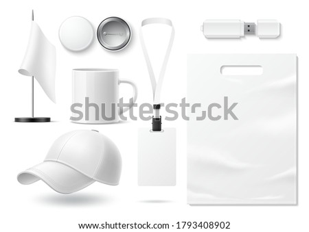 Vector realistic mock up set. Blank merchandise for branding and corporate design. Shopping bag, badge, ceramic coffee mug, flash drive, cap and pin Royalty-Free Stock Photo #1793408902
