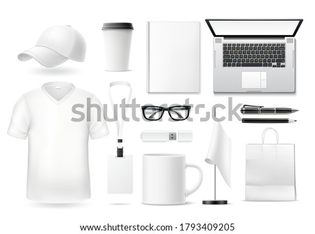 Vector realistic mock up set. Office supplies, stationery, blank merchandise for branding and corporate design. Notebook, pencil, tshirt, coffee cup, flash drive and glasses, badge and flag. Royalty-Free Stock Photo #1793409205