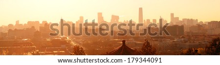Beijing city skyline with urban architecture silhouette in the morning. 
