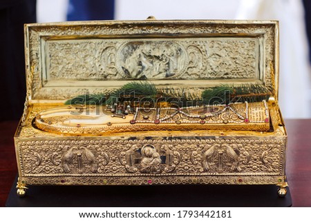Holy relics, hand of George the Victorious in golden shrine. Royalty-Free Stock Photo #1793442181