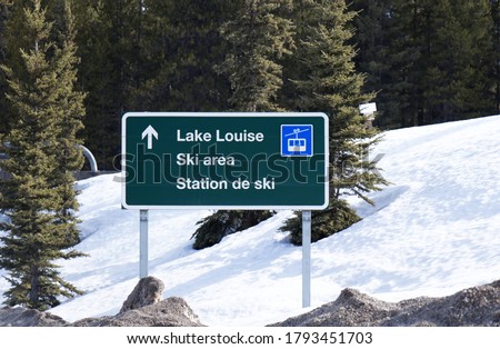 View of road sign "Lake Louise" on Trans-Canada Highway 