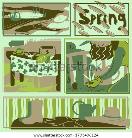 Square framed decorative elements with public market, first grass, gardening and hallway seasonal clutter. Monochrome illustration in cartoon style and green palette.