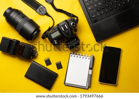 photography flat lay on yellow background.