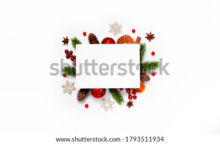 Trendy Christmas pattern with winter and New Year toys on abstract background. Top horizontal view copyspace