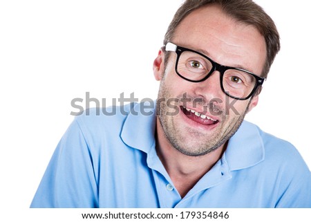 Closeup portrait of super happy, cheerful, excited, joyful, smiling laughing man with big black nerdy glasses, isolated on white background. Positive emotion facial expression feelings