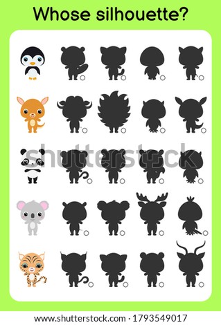 Game template find correct shadow. Matching game for children. Educational activity page for preschool years kids and toddlers. Set of cartoon animals. Colorful vector stock illustration.