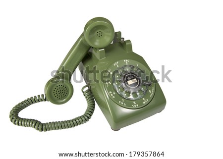 Green rotary phone isolated on white