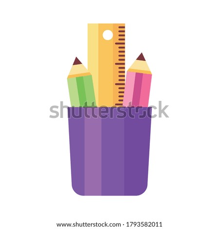 pencils colors in pencils holders school supplies flat style icon vector illustration design
